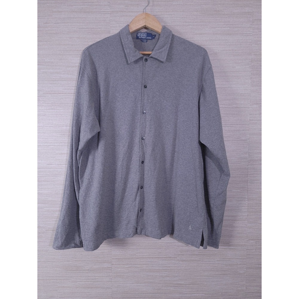 Polo Ralph Lauren Knit Shirt Mens XL Gray Stretch Long Sleeve Collared Button Up